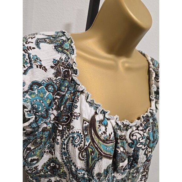 Babydoll Top Womens Lge Green Brown Paisley Y2K Boho Fairy Peasant Off Shoulder - Picture 2 of 7
